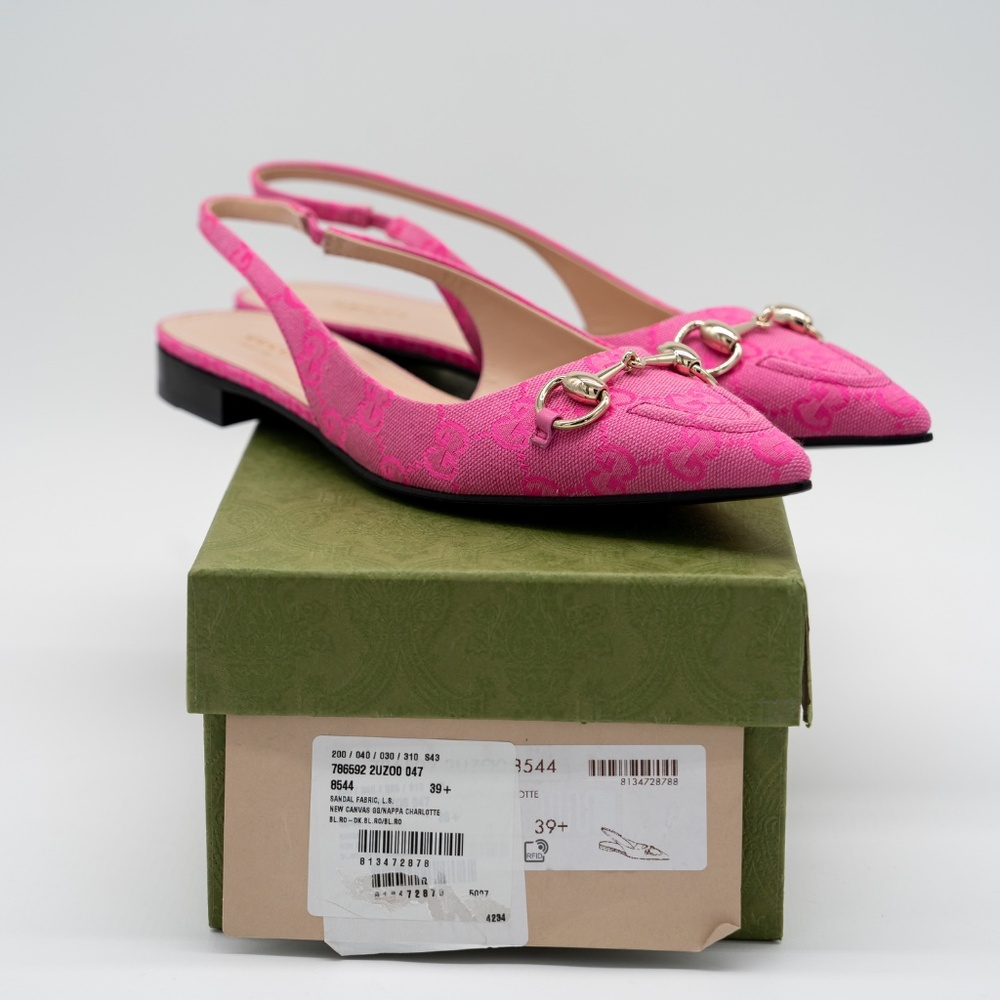 size 39.5G 9.5 US Gucci Horsebit Slingback Flat Pink GG Canvas - Picture 12 of 13